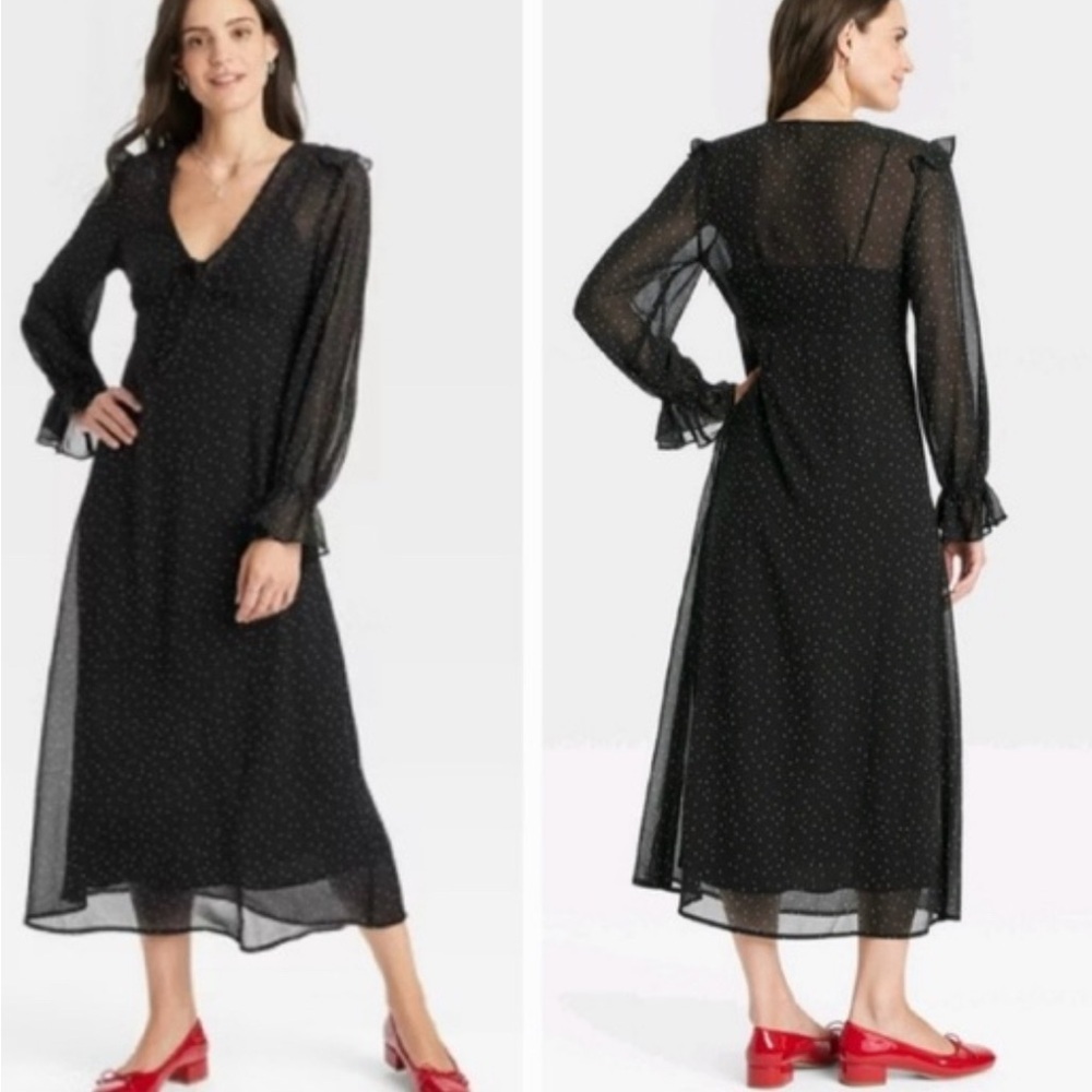 a new day Black Long Balloon Sleeve V-Neck Sheer Polka Dot Midi Dress w Slip